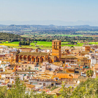View of Felanitx town with Sant Salvador Monastery on the hilltop.