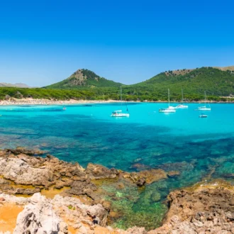 Cala Agulla beach in Mallorca with turquoise sea, soft sand, and pine forest backdrop.