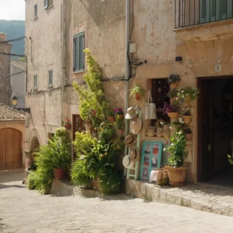 Stone house and olives in Caimari village, Tramuntana mountains