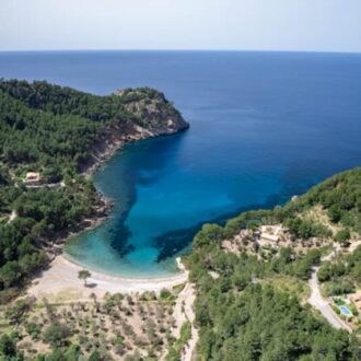 Cala Tuent’s pebble shore with turquoise water and pine-clad Tramuntana cliffs in Mallorca.