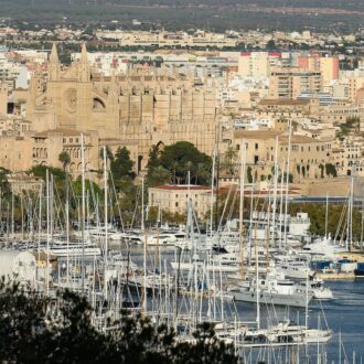 Yachts in Moll Vell marina with Palma Cathedral in the background