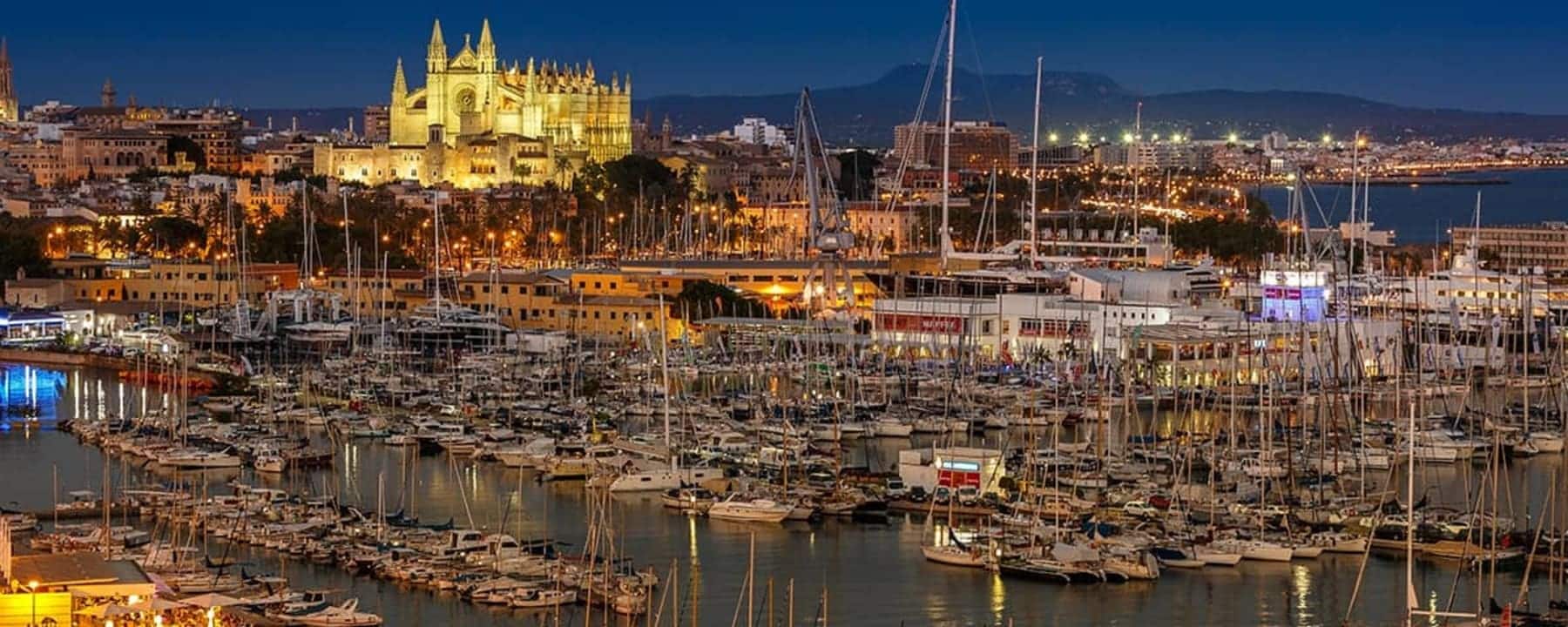 Panorama of Palma Marina with yachts, cathedral and Paseo Marítimo at sunset