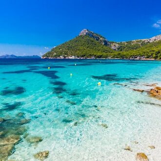 Pine-fringed sand and turquoise water at Formentor Beach on Mallorca’s Formentor peninsula.