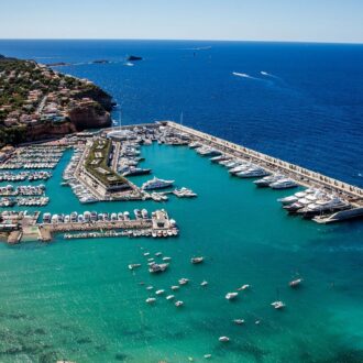 Aerial view of Port Adriano marina designed by Philippe Starck in southwest Mallorca