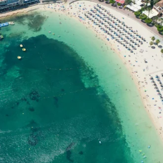 Broad sandy shoreline and calm turquoise water at Palmanova’s Platja de Son Maties with promenade behind