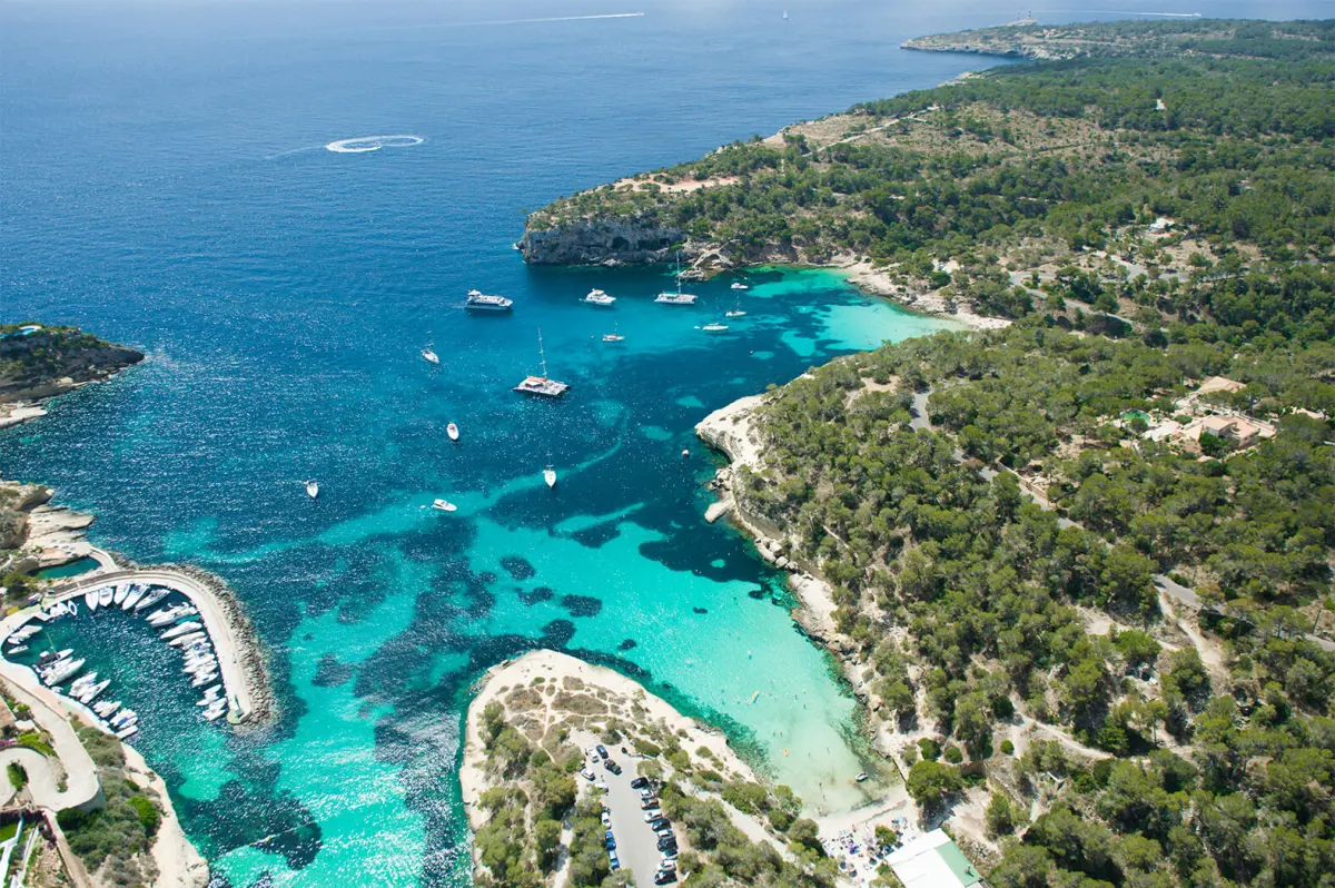 Aerial view of Calvià’s southwest coastline with coves, promenades